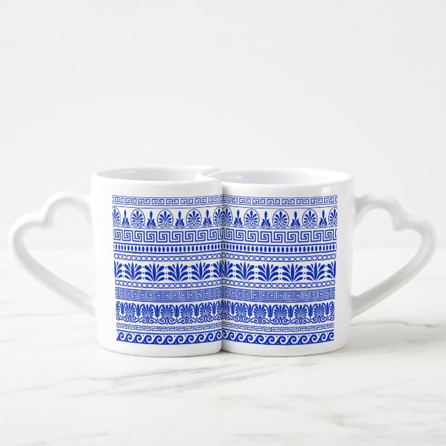 Greek Fret, Mediterranean Pattern, Blue Coffee Mug Set (Back Nesting)