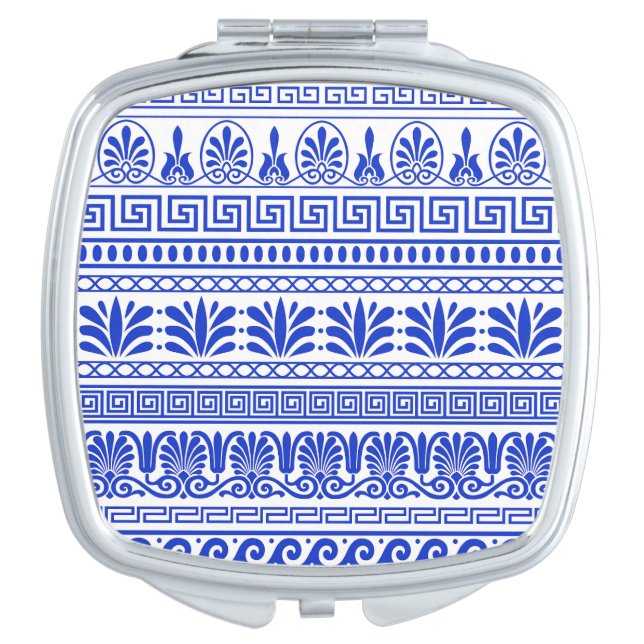 Greek Fret, Mediterranean Pattern, Blue Compact Mirror (Front)