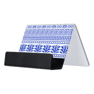 Greek Fret, Mediterranean Pattern, Blue Desk Business Card Holder