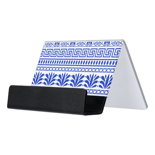 Greek Fret, Mediterranean Pattern, Blue Desk Business Card Holder (Angled Front)