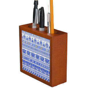 Greek Fret, Mediterranean Pattern, Blue Desk Organizer