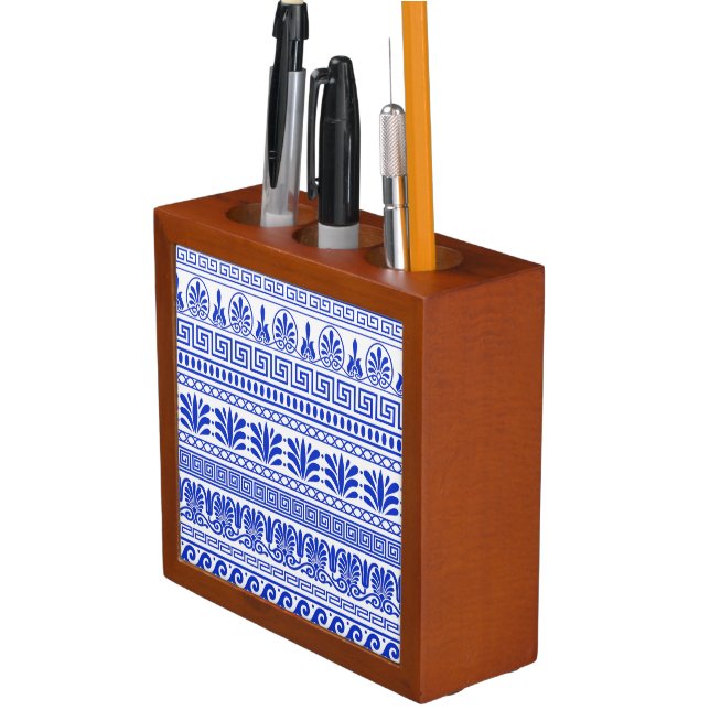 Greek Fret, Mediterranean Pattern, Blue Desk Organizer (In Situ)