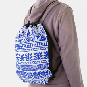 Greek Fret, Mediterranean Pattern, Blue Drawstring Bag