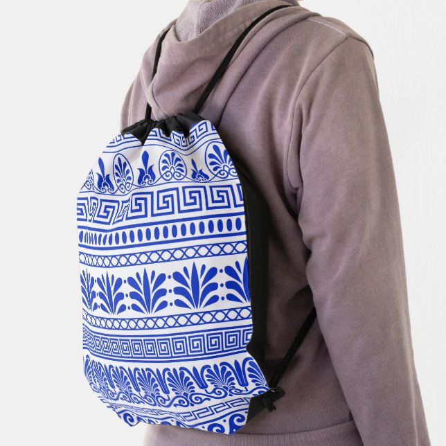 Greek Fret, Mediterranean Pattern, Blue Drawstring Bag (Insitu)