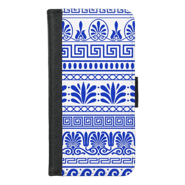 Greek Fret, Mediterranean Pattern, Blue iPhone Wallet Case (Front)