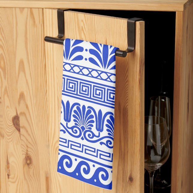 Greek Fret, Mediterranean Pattern, Blue Kitchen Towel (Thirds Fold)