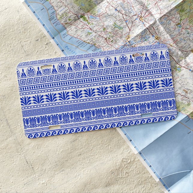 Greek Fret, Mediterranean Pattern, Blue License Plate (In Situ)