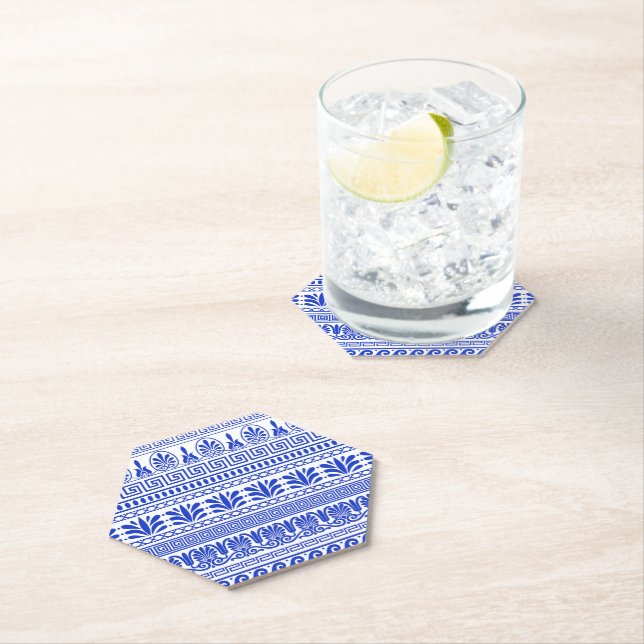 Greek Fret, Mediterranean Pattern, Blue Paper Coaster (Insitu)