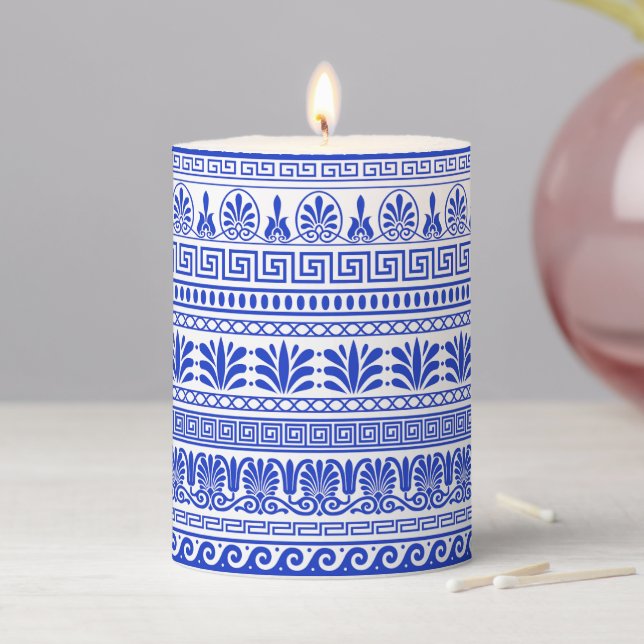 Greek Fret, Mediterranean Pattern, Blue Pillar Candle (In Situ)