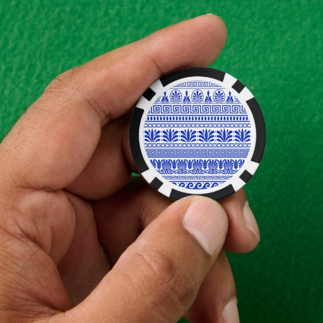 Greek Fret, Mediterranean Pattern, Blue Poker Chips (Hand)