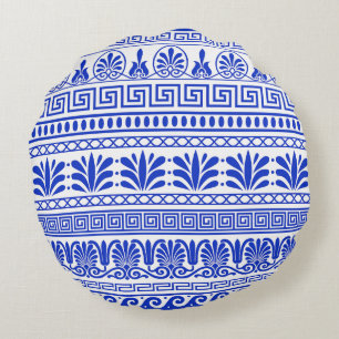 Greek Fret, Mediterranean Pattern, Blue Round Pillow