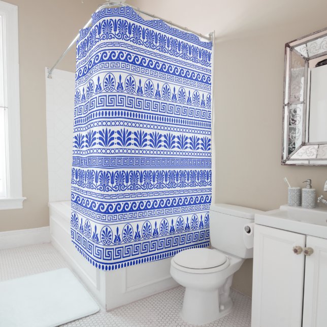 Greek Fret, Mediterranean Pattern, Blue Shower Curtain (In Situ)
