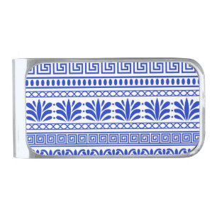 Greek Fret, Mediterranean Pattern, Blue Silver Finish Money Clip