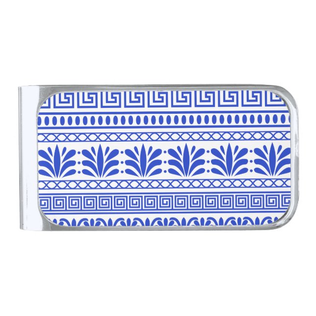 Greek Fret, Mediterranean Pattern, Blue Silver Finish Money Clip (Front)