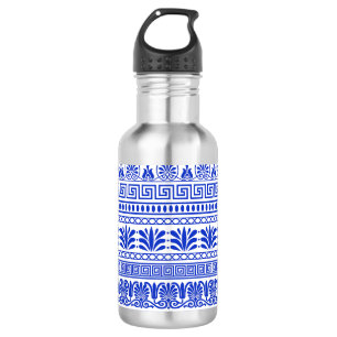 Greek Fret, Mediterranean Pattern, Blue Stainless Steel Water Bottle