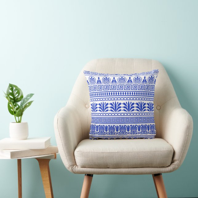 Greek Fret, Mediterranean Pattern, Blue Throw Pillow (Chair)