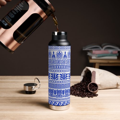 Greek Fret, Mediterranean Pattern, Blue Water Bottle