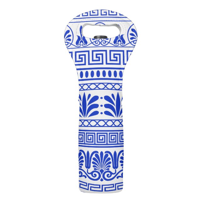 Greek Fret, Mediterranean Pattern, Blue Wine Bag (Front)