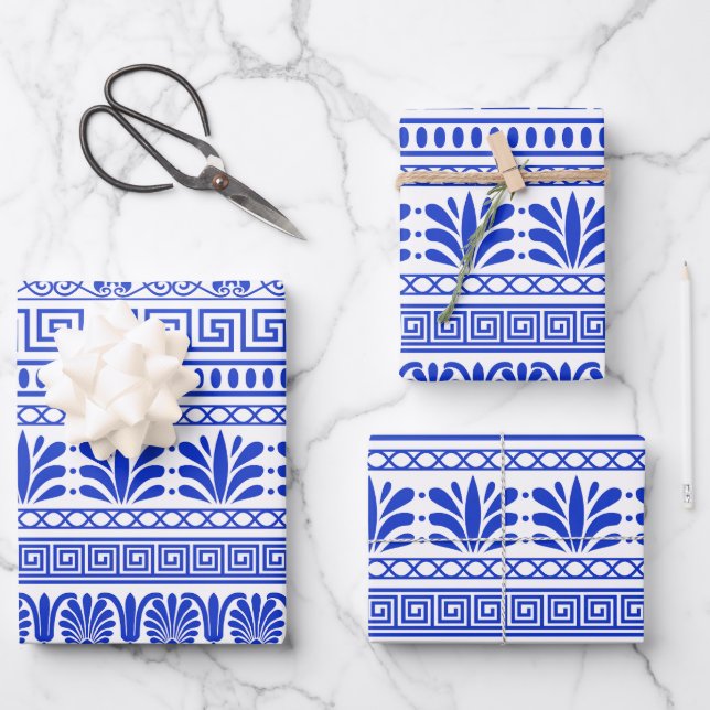 Greek Fret, Mediterranean Pattern, Blue Wrapping Paper Sheets (Front)