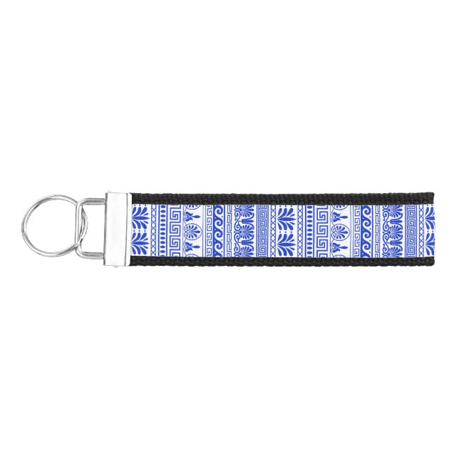 Greek Fret, Mediterranean Pattern, Blue Wrist Keychain (Keys on Left)