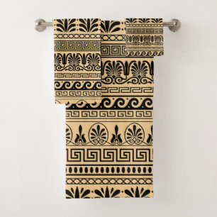 Greek Fret, Mediterranean Pattern, Brown Bath Towel Set