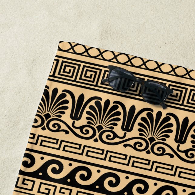 Greek Fret, Mediterranean Pattern, Brown Beach Towel (In Situ)
