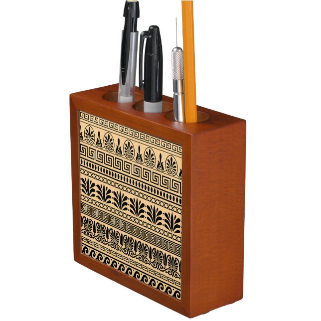Greek Fret, Mediterranean Pattern, Brown Desk Organizer (In Situ)