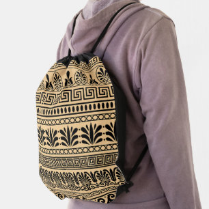 Greek Fret, Mediterranean Pattern, Brown Drawstring Bag
