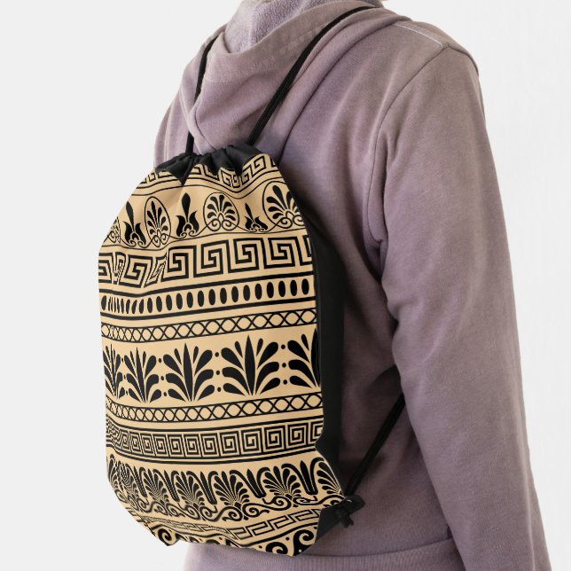 Greek Fret, Mediterranean Pattern, Brown Drawstring Bag (Insitu)