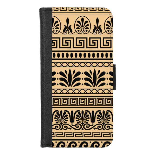 Greek Fret, Mediterranean Pattern, Brown iPhone Wallet Case (Front)