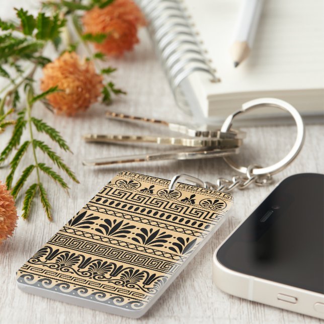 Greek Fret, Mediterranean Pattern, Brown Keychain (Front Right)