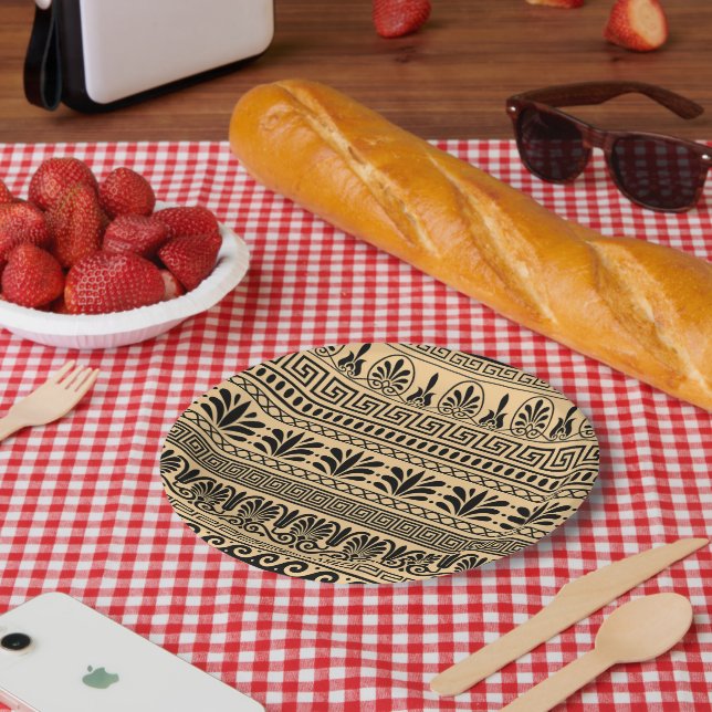 Greek Fret, Mediterranean Pattern, Brown Paper Plates (Picnic)
