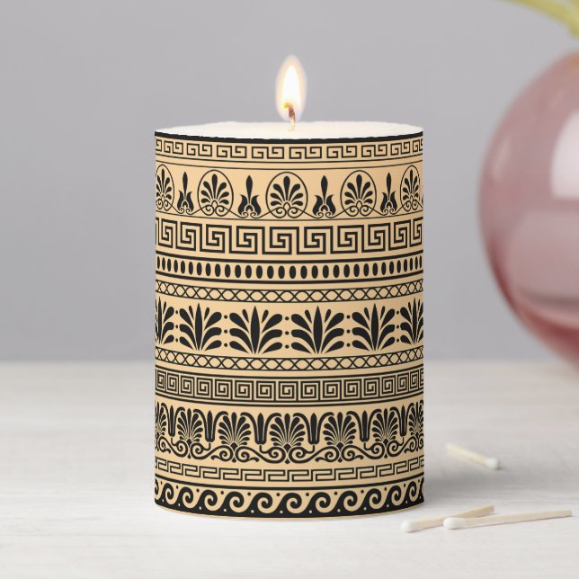 Greek Fret, Mediterranean Pattern, Brown Pillar Candle (In Situ)