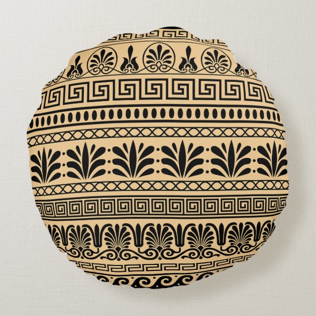 Greek Fret, Mediterranean Pattern, Brown Round Pillow (Back)