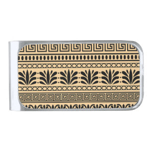 Greek Fret, Mediterranean Pattern, Brown Silver Finish Money Clip