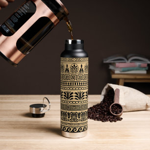 Greek Fret, Mediterranean Pattern, Brown Water Bottle