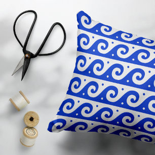 Greek Fret, Mediterranean Wave Pattern, Blue Accent Pillow