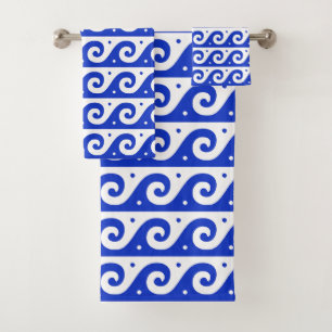 Greek Fret, Mediterranean Wave Pattern, Blue Bath Towel Set
