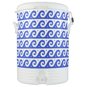 Greek Fret, Mediterranean Wave Pattern, Blue Beverage Cooler