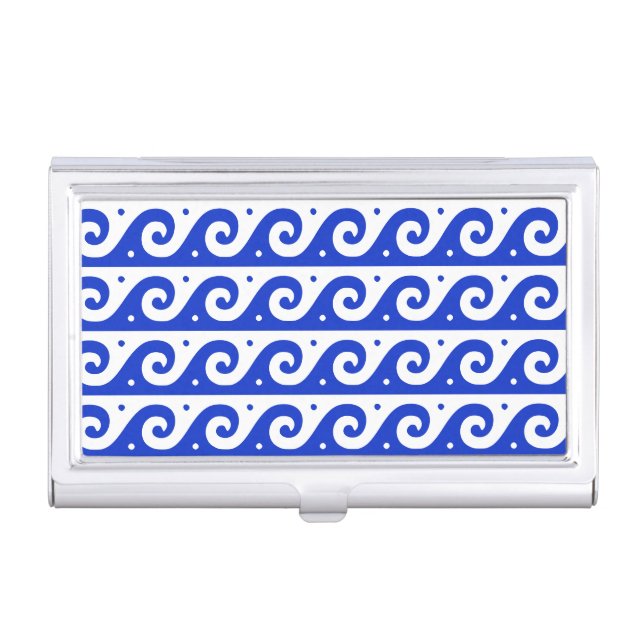 Greek Fret, Mediterranean Wave Pattern, Blue Business Card Case (Front)