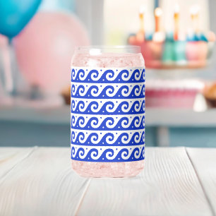 Greek Fret, Mediterranean Wave Pattern, Blue Can Glass