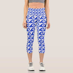 Greek Fret, Mediterranean Wave Pattern, Blue Capri Leggings