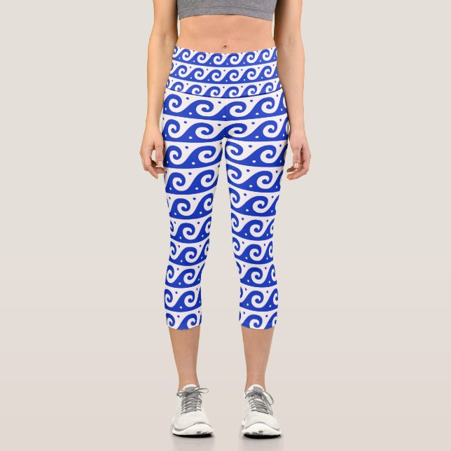 Greek Fret, Mediterranean Wave Pattern, Blue Capri Leggings (Front)