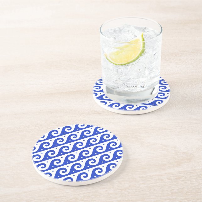 Greek Fret, Mediterranean Wave Pattern, Blue Coaster (Side)