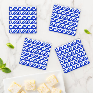 Greek Fret, Mediterranean Wave Pattern, Blue Coaster Set