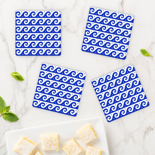 Greek Fret, Mediterranean Wave Pattern, Blue Coaster Set (In Situ)