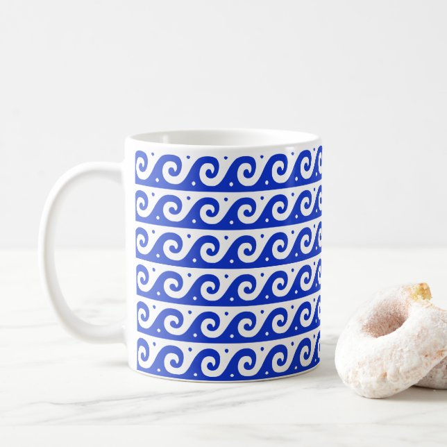 Greek Fret, Mediterranean Wave Pattern, Blue Coffee Mug (With Donut)