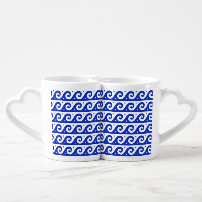 Greek Fret, Mediterranean Wave Pattern, Blue Coffee Mug Set (Back Nesting)