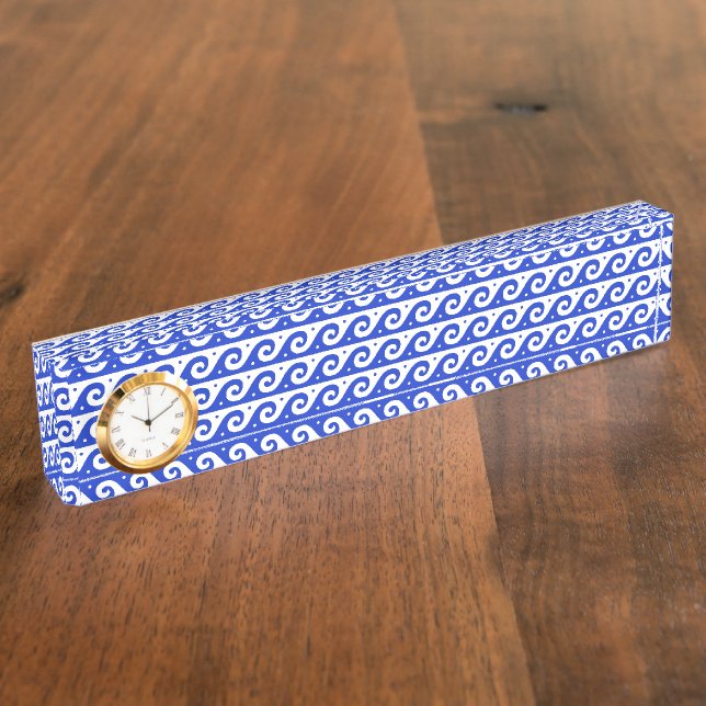 Greek Fret, Mediterranean Wave Pattern, Blue Desk Name Plate (Side)