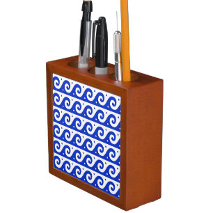 Greek Fret, Mediterranean Wave Pattern, Blue Desk Organizer